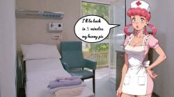 blue_eyes female female female_only hair_rings hospital hospital_bed hospital_room nintendo nurse_cap nurse_joy nurse_uniform paulinebabe pink_hair pokemon speech white_apron