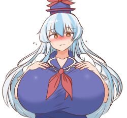 1girls big_breasts blue_hair blush breasts cleavage clothed clothing female female_only keine_kamishirasawa mizusoba tagme touhou water_noodle