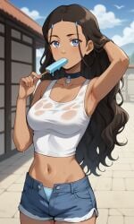 ai_generated ass avatar_legends avatar_the_last_airbender bigmic145 bra breasts clothed clothed_female clothing katara navel nickelodeon panties popsicle see-through see-through_clothing shorts solo solo_female sweat tank_top wet wet_clothes wet_clothing