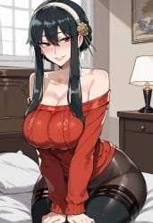 ai_generated bed bedroom big_ass big_breasts big_butt big_thighs black_hair blush color floppydisc full_color lamp light-skinned_female light_skin mischievous_smile nice_ass red_eyes sexy_body smile smiley_face spy_x_family thick_ass thick_butt thick_legs thick_thighs yor_briar yor_forger