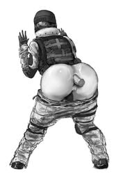 1boy 1girls against_wall anal anal_sex ass black_hair brown_eyes disembodied_penis eyeshadow female from_behind frost_(rainbow_six) hat looking_back medium_hair rainbow_six rainbow_six_siege tom_clancy worried wrongnhoka