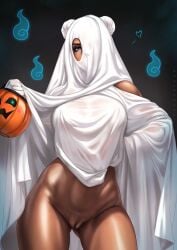 1girls barely_clothed breasts bubble_(dandon_fuga) dandon_fuga dark-skinned_female exposed_pussy female ghost_costume halloween_costume jack-o'-lantern looking_at_viewer original original_character pussy pussy_juice pussy_juice_drip seductive see-through see-through_clothing thick_thighs trick_or_treat under_covers voluptuous