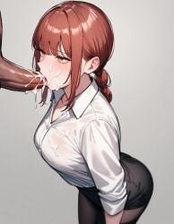 1girls ai_generated breasts chainsaw_man cum cum_in_mouth cum_on_breasts cum_on_face makima_(chainsaw_man) morindar penis red_hair shirt sucking sucking_penis swallowing swallowing_cum white_shirt yellow_eyes