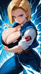 1girls ai_generated android_18 big_breasts blonde_hair blue_eyes breasts cleavage curvy dragon_ball dragon_ball_z female huge_breasts jiuyang-hsien large_breasts light-skinned_female light_skin massive_breasts short_hair solo thick_thighs top_heavy