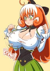 1girls 2024 6457i ahoge big_breasts blush blush blush_lines bow breast_expansion breasts cleavage clothes_tearing color deviantart_link digital_drawing_(artwork) dress female female_focus female_only ginger ginger_hair green_eyes large_breasts light-skinned_female long_hair nipple_bulge orange_hair penny_polendina robot robot_girl rwby shocked shocked_expression simple_background source surprised surprised_expression tagme torn_clothes