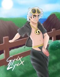 guzma_(pokemon) hi_res human human_only light-skinned_male light_skin male male_focus male_only nintendo pokemon pokemon_sm public public_nudity solo solo_male stripping