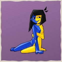 2d 2d_(artwork) black_hair blue_body blush breasts breasts_out comfortik covering ena ena_(series) female humanoid joel_g lowpoly naked naked_female simple_background sitting slim slim_waist smile solo solo_female two_tone_body yellow_body