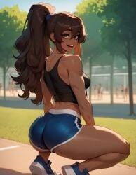 1girls abs ai_generated bangs brown_eyes brown_hair brown_skinned_female dark-skinned_female dolphin_shorts eyebrows eyelashes fit fit_female hair_between_eyes high_ponytail medium_breasts ponytail sally_(xandr) smile smiley_face tank_top thick_ass thick_thighs thin thin_female thin_waist xandr