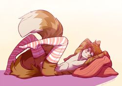 2017 anthro balls blush caninelove clothed clothing digital_media_(artwork) erection girly hair legwear looking_at_viewer male mammal penis simple_background smile solo