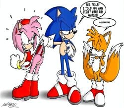 1girls 2boys amy_rose angry angry_face ass assisted_exposure axlrod123 butt dialogue exposed_ass exposed_pussy female green_eyes looking_back male miles_prower miles_tails_prower no_panties pussy skirt_lift sonic_(series) sonic_the_hedgehog sonic_the_hedgehog_(series) speech_bubble tagme tails_the_fox tears_in_eyes text upskirt