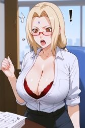 ! ai_generated blush bra breasts button_gap flying_button glasses huge_breasts milf mouth_open naruto_(series) naruto_shippuden office office_lady shiny_skin shocked sitting tight_clothing tsunade unbuttoned_shirt