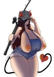 1girls areolae big_breasts black_lipstick clothing female female_only fishing_rod hat holding_fishing_rod horns indie_virtual_youtuber makeup mistressm multiple_piercings naked_overalls nipples no_bra open_mouth piercings ren_azod revealing_clothes solo succubus tail thick_ass thick_thighs virtual_youtuber women_want_me_fish_fear_me_(meme)