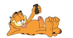 1boy 3_toes anthro arm_support balls belly chubby erection eroborus feet feline fur garfield_(series) garfield_the_cat hand_on_cheek heels humanoid_penis looking_up male male_only mammal on_back orange_fur orange_penis penis seductive selfie soles solo striped_fur tail_between_feet tongue_out white_background