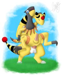 2016 ampharos anal anal_sex animal_genitalia anthro balls cum cum_on_penis detailed_background duo erection heliolisk male nintendo outside penetration penis pokemon pokemon_(species) reezythegarchomp sex sheath stand_and_carry_position standing video_games yaoi