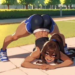 1girls abs ai_generated bangs brown_eyes brown_hair brown_skinned_female dark-skinned_female dolphin_shorts eyebrows eyelashes fit fit_female hair_between_eyes high_ponytail medium_breasts ponytail sally_(xandr) smile smiley_face tank_top thick_ass thick_thighs thin thin_female thin_waist xandr