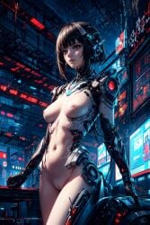 ai_generated android artificial_intelligence blue_eyes breasts brown_hair cybernetic_arm cybernetic_limb cybernetics cyborg female futuristic laboratory naked nude original_character robot_girl robot_humanoid robotic_arm