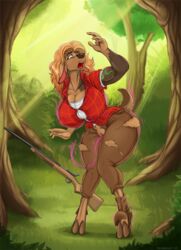 anthro big_breasts blonde_hair breast_expansion breasts butt_expansion catchabird cervine clothing deer female gun hair mammal open_mouth pussy ranged_weapon solo standing torn_clothing transformation weapon