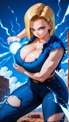 1girls ai_generated android_18 cleavage dragon_ball dragon_ball_z jiuyang-hsien looking_at_viewer solo wide_hips