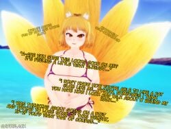 3d bbw beach big_ass big_breasts blonde_hair chubby chubby_female kitsune koikatsu large_ass large_breasts ran_yakumo sayoblack self_conscious swimsuit tail talking_to_viewer text touhou