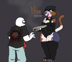 ambiguous_gender anthro bigtrog84 cleavage_cutout clothing cutout duo epic_games felid feline female fortnite gore gun hi_res hole_in_chest humanoid legwear mammal meme meow_skulls overweight overweight_female ranged_weapon shotgun thick_thighs thigh_highs weapon