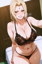 ai_generated bedroom blush breasts cute_face heavy_breathing huge_breasts indoors lingerie lips milf naruto_(series) naruto_shippuden night panties selfie shiny_skin smirk steam thick_thighs tsunade