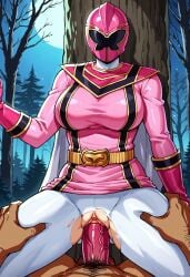 ai_generated big_breasts big_penis evening forest legs_grab open_legs pink_ranger pov power_rangers power_rangers_mystic_force riding_penis superheroine superheroine_costume thick_legs vaginal_sex