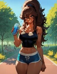 1girls abs ai_generated bangs brown_eyes brown_hair brown_skinned_female dark-skinned_female dolphin_shorts eyebrows eyelashes fit fit_female hair_between_eyes high_ponytail medium_breasts ponytail sally_(xandr) smile smiley_face tank_top thick_ass thick_thighs thin thin_female thin_waist xandr