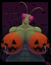 abs absurd_res ambient_bat antennae_(anatomy) anthro arthropod big_breasts bodily_fluids bodypaint breasts drydude english_text exoskeleton female green_body green_exoskeleton halloween happy_halloween hi_res holiday_message holidays huge_breasts insects lactating mandibles mantis milk muscular muscular_anthro muscular_female nipples non-mammal_breasts non-mammal_lactation non-mammal_nipples nude presenting presenting_breasts pumpkin_breasts solo text wide_hips