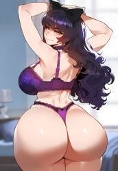 1girls ai_generated big_breasts black_hair black_lingerie blake_belladonna breasts female female_focus huge_ass huge_breasts large_breasts looking_at_viewer looking_pleasured rwby yellow_eyes