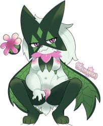 1girls anthro breasts claws closed_mouth felid feline female fur furry green_fur green_hair mask meowscarada navel nintendo nipples pink_eyes pokemon pokemon_(species) pussy senshion smile solo wavy_mouth