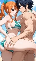 ai_generated beach bikini crossover fairy_tail female gray_fullbuster male nami one_piece orange_hair sexy_body