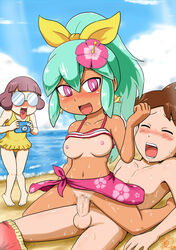 10s 1boy 2girls amano_keita barefoot beachhime bikini blue_eyes blue_hair blush bow bracelet brown_eyes brown_hair flower gouguru groin hailey_anne_thomas hair_flower hair_ornament hairbow jewelry long_hair misora_inaho multicolored_hair multiple_girls navel ocean pendant purple_eyes purple_hair sex sky smile star striped striped_bikini sweat swimsuit tan towel_around_waist youkai_watch