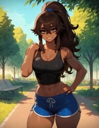 1girls abs ai_generated bangs brown_eyes brown_hair brown_skinned_female dark-skinned_female dolphin_shorts eyebrows eyelashes fit fit_female hair_between_eyes high_ponytail medium_breasts ponytail sally_(xandr) smile smiley_face tank_top thick_ass thick_thighs thin thin_female thin_waist xandr