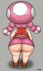 ai_generated ass_focus behind_view bent_over big_breasts brown_shoes clothed dress female mario_(series) mushroom_girl pink_dress pixai red_vest shoes short_girl shortstack simple_background solo super_mario_bros. toadette vest