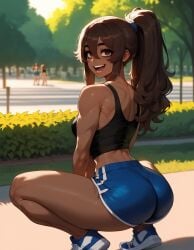 1girls abs ai_generated bangs brown_eyes brown_hair brown_skinned_female dark-skinned_female dolphin_shorts eyebrows eyelashes fit fit_female hair_between_eyes high_ponytail medium_breasts ponytail sally_(xandr) smile smiley_face tank_top thick_ass thick_thighs thin thin_female thin_waist xandr