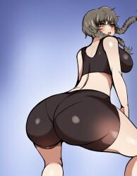 1girls amane_suzuha ass big_ass bike_shorts bottom_heavy braided_hair breasts brown_hair bubble_butt crop_top dat_ass fat_ass female female_only fluffy_hair huge_ass hyperrxgue large_ass large_butt shiny_ass solo sports_bra squatting steins;gate thick_ass thick_thighs tomboy twin_braids wide_hips workout_clothes