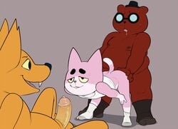 anal anal_sex angus_(nitw) bear canine clothed clothing condom drooling eroborus feline fox gregg_(nitw) male mammal night_in_the_woods partially_clothed penetration roz saliva sweat voyeur yaoi