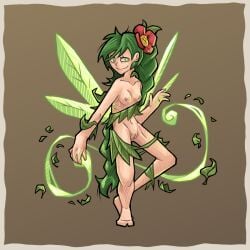 2d 2d_(artwork) breasts breasts_out comfortik dryad_(terraria) female green_eyes green_hair hair_flower half-dressed human humanoid leaves light_skin long_hair magic magical_girl naked pussy ribs simple_background slim slim_waist smile solo solo_female tagme tall terraria wings