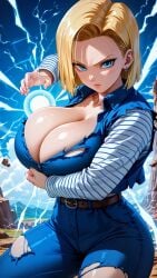 1girls 2024 ai_generated android_18 big_breasts blonde_hair blue_eyes breasts cleavage curvy dragon_ball dragon_ball_z female huge_breasts jiuyang-hsien large_breasts light-skinned_female light_skin short_hair solo thick_thighs