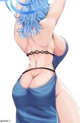 ako_(blue_archive) ako_(dress)_(blue_archive) alternate_breast_size ass ass_focus back backless_dress backless_outfit blue_archive blue_dress blue_hair blue_halo breasts dress female from_behind gehenna_academy_student halo highres large_breasts medium_hair paid_reward_available prefect_team_(blue_archive) rinse_7 sideboob simple_background solo twitter_username white_background wrinkled_skin