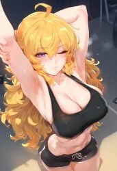 1girls ai_generated big_breasts blonde_hair breasts female female_focus huge_breasts large_breasts light-skinned_female long_hair navel purple_eyes rwby yang_xiao_long