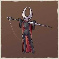 2d 2d_(artwork) black_body comfortik female hollow_knight hornet_(hollow_knight) horns humanoid insects insects naked naked_female no_breasts pussy pussy_juice simple_background slim slim_waist solo solo_female tagme weapon weapon_over_shoulder