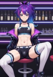 1boy ai_generated ambrose bar barstool blue_eyes brat bulge crop_top femboy genderswap_(ftm) hair_ribbon jacket legs_spread melody_(projektmelody) multicolored_hair off_shoulder petite ponytail projektmelody purple_hair rule_63 self_upload shorts smug_face stable_diffusion teasing thighhighs virtual_youtuber vshojo vtuber