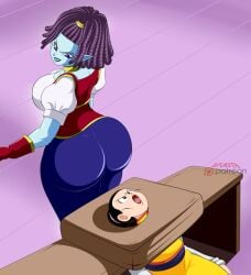 2d ass ass_focus chichi chichi_(majin_buu_saga) dicasty dragon_ball_super female full_color fully_clothed humiliation macki_(dragon_ball) no_penetration yuri