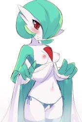 blush bob_cut breasts clothes_lift colored_skin dress dress_lift female gardevoir green_hair green_skin hair_over_one_eye highres lingerie looking_at_viewer momendoufu multicolored_skin navel nipples pink_eyes pokemon pokemon_(creature) pussy simple_background thighhighs two-tone_skin underwear white_background white_dress white_skin