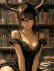 ai_generated antlers black_hair book elf_ears eye_contact gloves pixie_cut red red_eyes red_gloves seductive_expression sexy short_hair smirk smug_expression teasing usebackdooronly