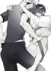 2boys anal blush censored cling clinging erection gay gintama gintoki_sakata halftone implied_anal implied_sex japanese_clothes kimono legs_held_open male male_only monochrome one_eye_closed oreno_gtk penis screentone spread_legs takasugi_shinsuke yaoi