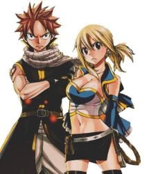 black_legwear lucy_heartfilia medium_breasts midriff miniskirt natsu_dragneel side_slit thighhighs