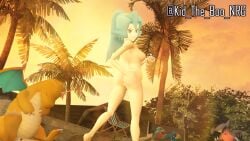 1girls anus ass blue_eyes blue_hair breasts breasts clair_(pokemon) dragonite female garchomp garry's_mod gible looking_at_viewer looking_back_at_viewer naked nude palm_tree pokemon pussy smile sunlight