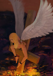 angel arms_behind_back barefoot blonde_hair bondage bound_arms bound_legs censored cross female fire ikelag wings